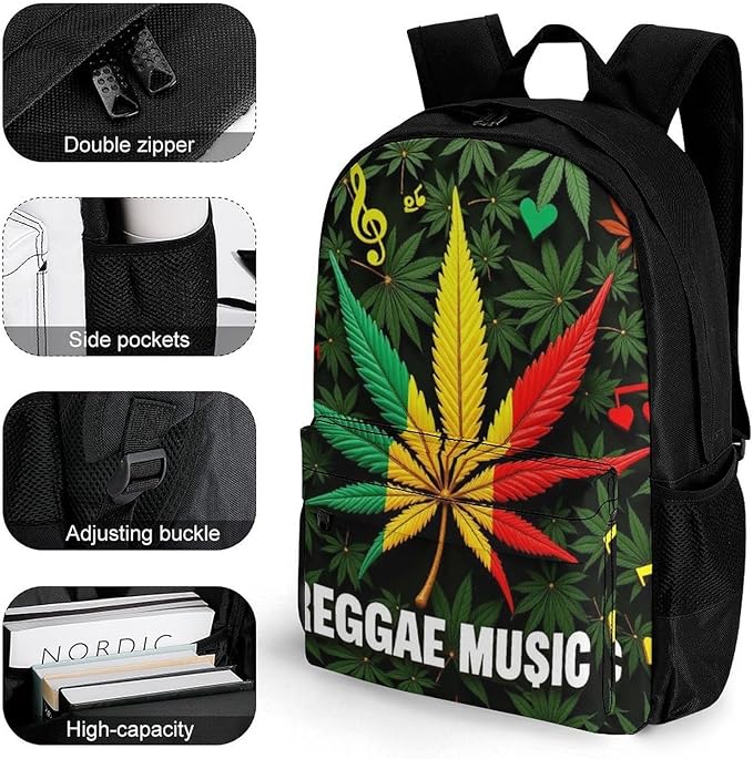 Lightweight Rucksacks for Climbing Outdoors Walking Cycling, Large Capacity Anti-Theft Multipurpose Carry On Bag, Rasta Flag Weedleaf Leaf Leaves Reggae Music Camping Outdoor Backpack