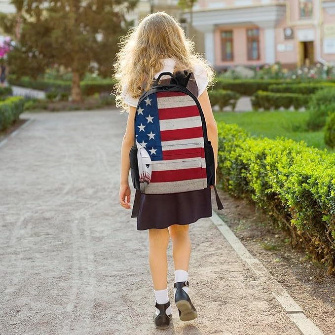 Polyester Daypack Backpack for Trekking Picnic Walking Cycling, Large Capacity Anti-Theft Multipurpose Shoulder Bag, Baseball Rustic Wooden American Flag Casual Daypack