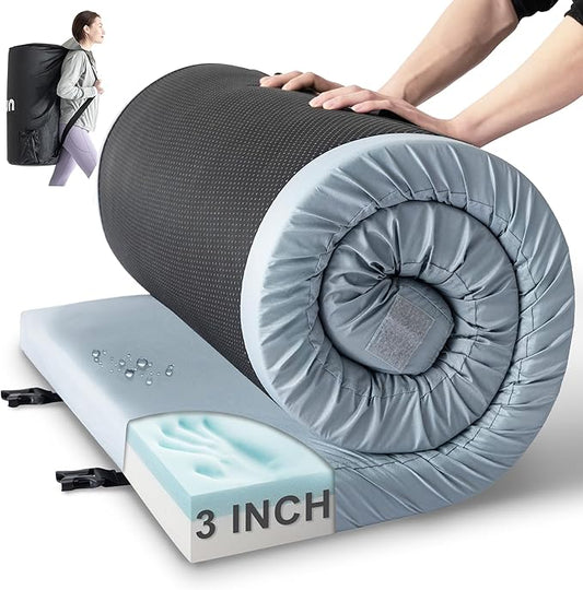 Kingfun 3 Inch CertiPUR-US Memory Foam Camping Mattress, Waterproof Roll up Sleeping Pad, Thick Floor Sleeping Mats for Tent with Removable Travel Bag