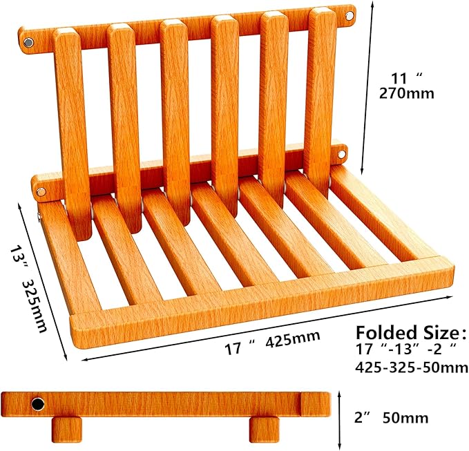 The folding stool is made of oak wood and can bear a weight of 400 pounds. When unfolded, it measures 1.5" by 1", providing comfort and safety. The thickness is 2" (Walnut paint)