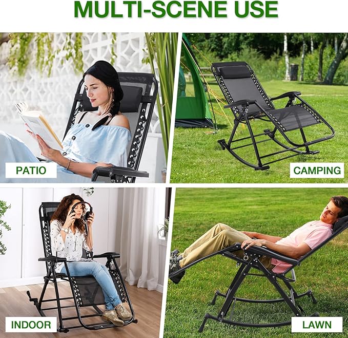 Outdoor Rocking Chairs, Foldable Reclining Zero Gravity Lounge Rocker with Pillow, Cup & Phone Holder, Combo Design with Folding Legs