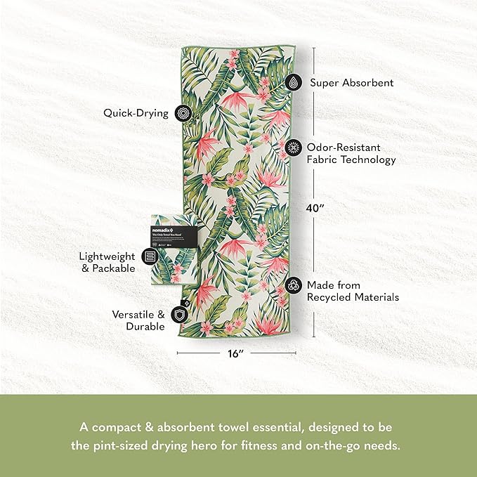 Nomadix Mini Towel - Perfect for Beach, Pool, Travel, Camping, Yoga - Made with Recycled Materials - Super Absorbent - Sand Resistant - Palms Pink - 16x40