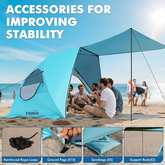 Elegear CumbreX™ Beach Tent with Canopy 4-6 Person, 1-Second Umbrella-Style Setup Pop Up Sun Shelter Shade, UPF 50+ UV Protection Four-Layer Silver-Coated Lightweight Portable Beach Cabana - Aqua Blue