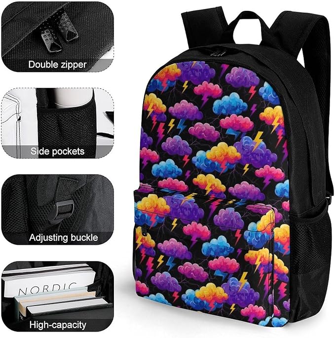Lightweight Daypack Backpack for Sports Travel Running, Large Capacity Multipurpose Anti-Theft Bookbag, Unique Lightning Bolt Storm Clouds Pattern Print Laptop Backpack Daypack