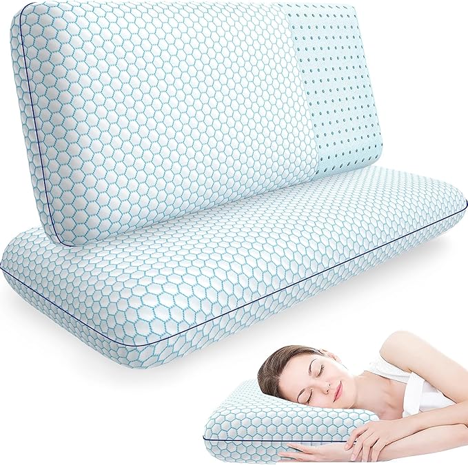 Memory Foam Pillows for Side, Back and Stomach Sleepers, Set of 2, Bed Pillow with Washable Cover and Breathable Mesh, Bed Pillow for Sleeping (Blue，King Size)