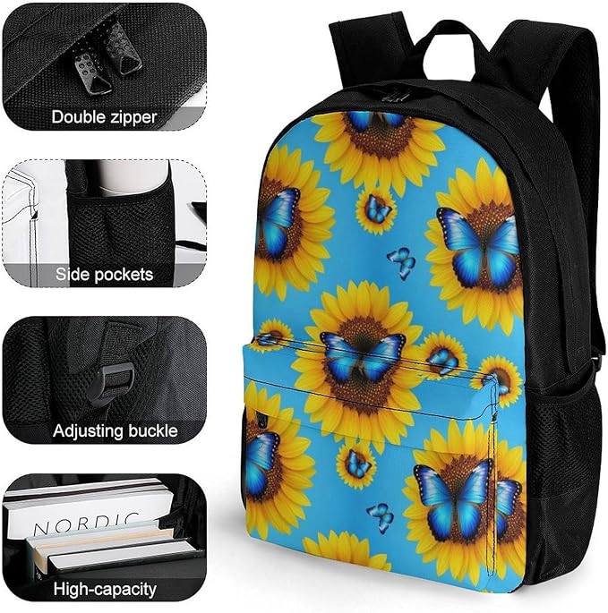 Sports Gym Outdoor Backpack Blue Monarch Butterfly Sunflower College Bookbag with Large Capacity Rucksack for Men Women