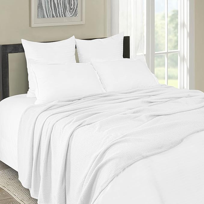BOUTIQUO 100% Cotton Bed Blanket, Breathable Thermal Blanket Twin Size, Soft Honeycomb Waffle 60inchx90inch, Perfect for Layering Any All Season, White, (60inchx90inch) (70461)