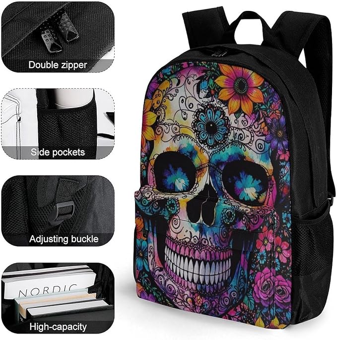 Supdreamc Polyester Daypack Backpack for Sports Travel Running, Big Capacity Anti-Theft Multipurpose Carry On Bag, Indain Mandala Sugar Skull Laptop Book Bag Rucksack