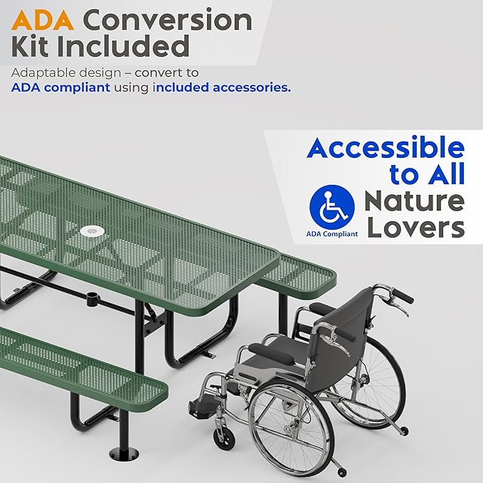 Metal Picnic Furniture for Outdoors with Umbrella Hole - Coated Steel Heavy Duty Commercial Grade Table with Adjustable Seats, Patio Set for a Lifetime (Green, 6' Rectangular, Punched Steel)