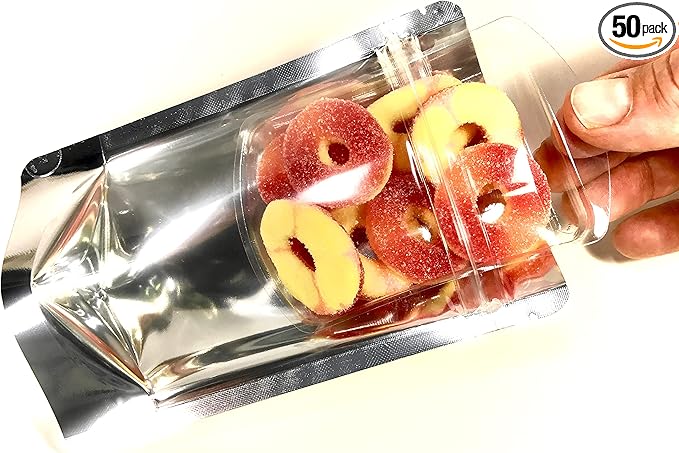 Smell Proof Odor Free Mylar TRAYBAGS (50 pack) Stand Up Foil Pouch, Strong Reusable Zip Seal, 4 Mil Thick. ROYPACK (Clear Front/White Back, Large)
