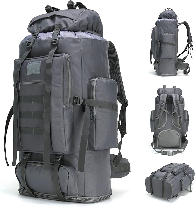 100L Hiking Camping Backpack MOLLE Rucksack Waterproof Daypack (Grey)
