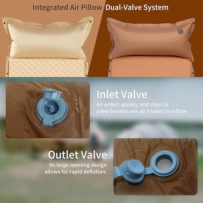 Self-Inflating Camping Mat - 1.2"/2" Thick Portable Air Mattress with Pillow for Outdoor, Hiking & Travel(Offwhite 2" for Two)