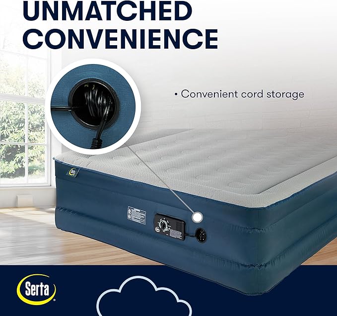 Serta Queen TPU Perfect Sleeper Air Mattress | Queen 18” | TPU Construction | Slumbertouch Knit Topper - Edge Protection | Air Mattress with Built-in Air Pump