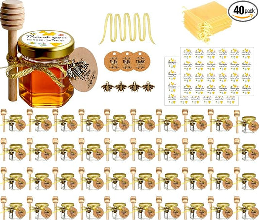 Ahhute Honey Pot, Mini Honey Jars with Dipper, Glass Honey Jars Baby Shower Favors, Party Favors & Wedding Favors, Lid, Bee Pendants, Gold Fabric Ribbons and Gold Organza Bags, 40 Pack 1.5oz