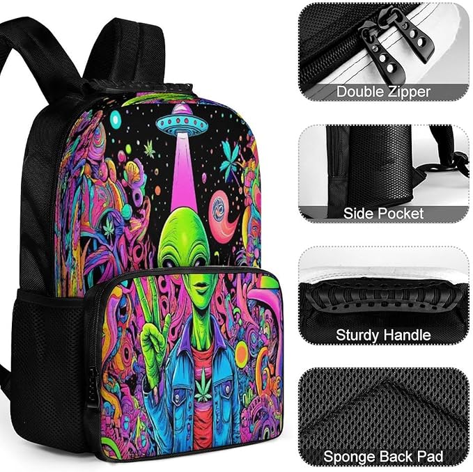 Men Women Lightweight Trippy Alien Ufo Art Backpack Large Capacity Bookbag With Smooth Zippers for Gym Business Running