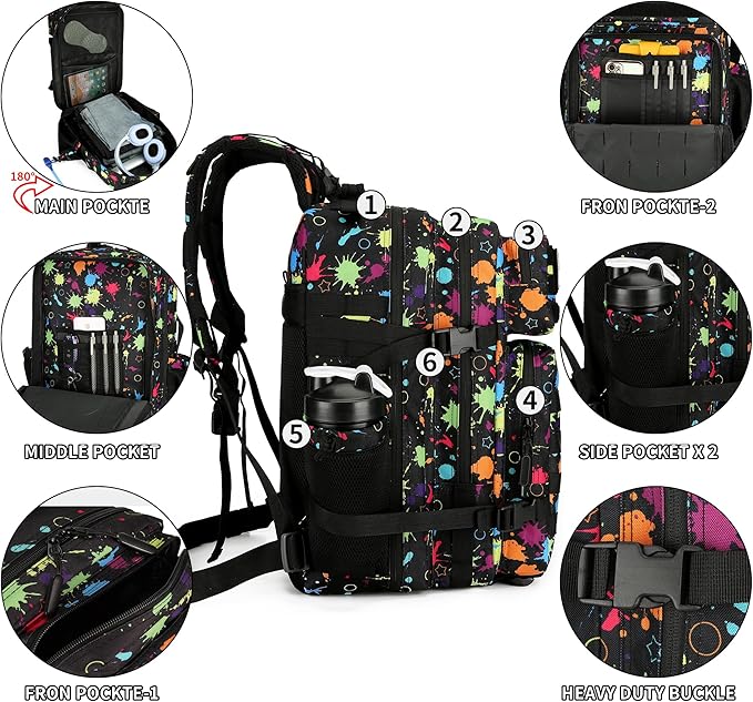 25L/45L Tactical Backpack Military Tactical Backpack Heavy Duty Molle Assault Pack for Work Gym Outdoors (1.0 25L-fluorescent tie dye, Small)