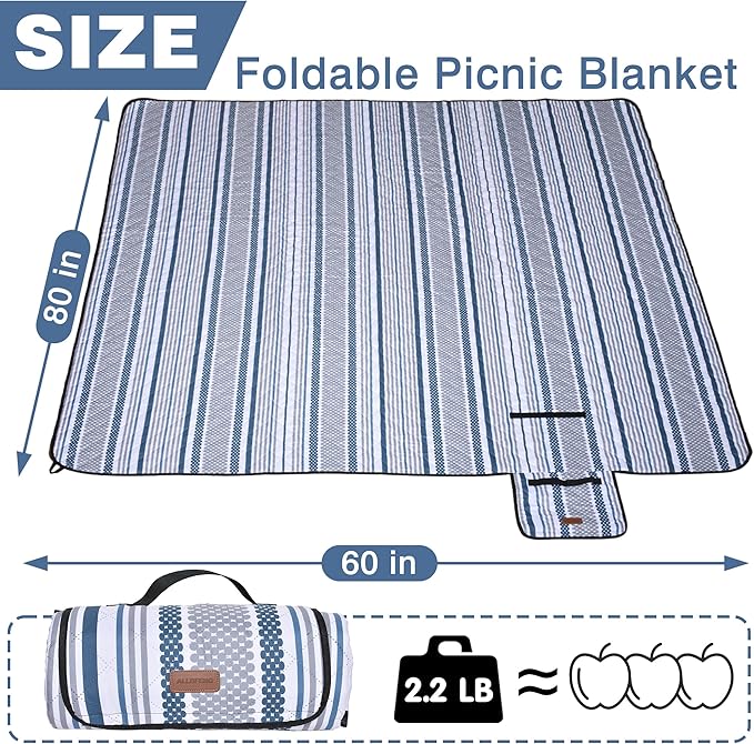 Oversized Waterproof Picnic Mat, Dustproof Washable Outdoor Beach Mat. Suitable for Camping, Outdoor, Beach, Party and Concert (Dark Blue & Gray, 80" x 60")