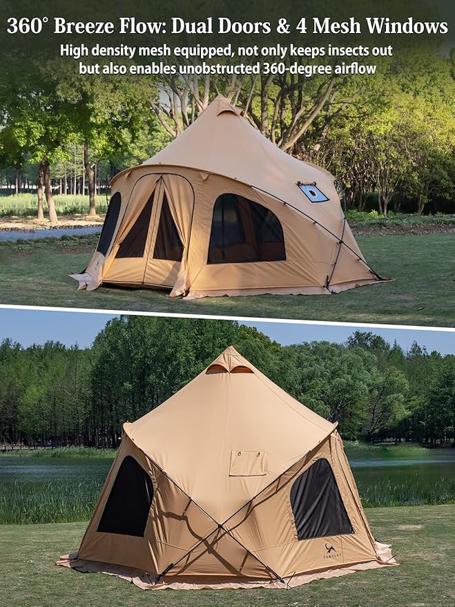 Canvas Bell Tent with Stove Jack 4 Person Tent Large Luxury 4 Season Yurt for Family Camping Glamping Party