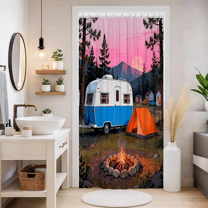 Camping Stall Shower Curtain, Outdoor Adventure Tent Campfire Summer Blue Waterproof Fabric Design Print Bath Curtains for Bathroom Toile Guest Room Decor 36x72 Inch