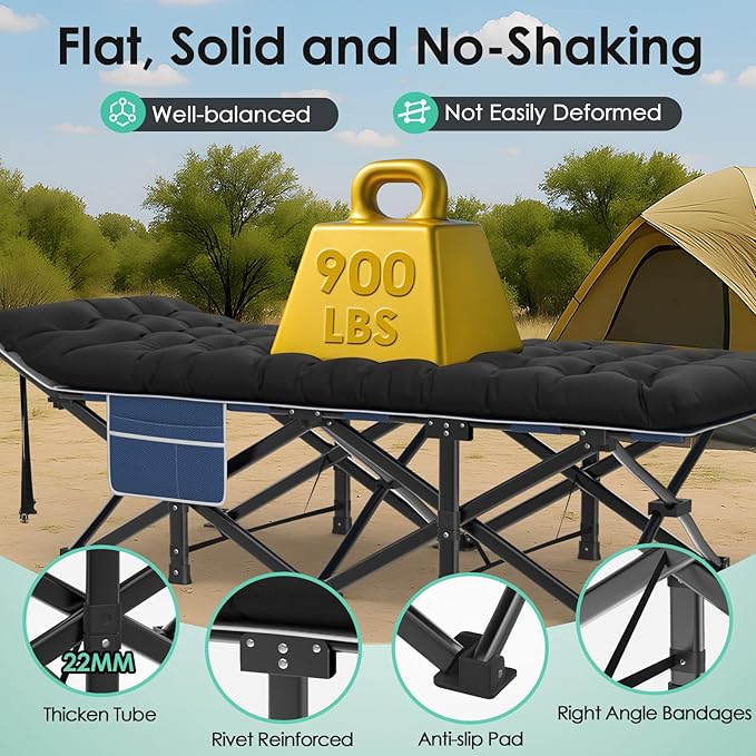 Suteck Camping Cot, 32In XXL Folding Camping Cot Heavy Duty Sleeping Bed for Adults 1200D Double Layer Oxford Cots for Camping W/Pilllow Mattress Carry Bag for Home Office Nap Beach Travel, 900LBS