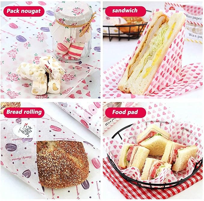 Wax Paper,50 sheets Grease Proof Paper,Waterproof Dry Hamburger Paper Liners Wrapping Tissue for Plastic Food Basket for Baking Grilling Air Fryer Steaming Bread Cake Cookie(Red stripes)