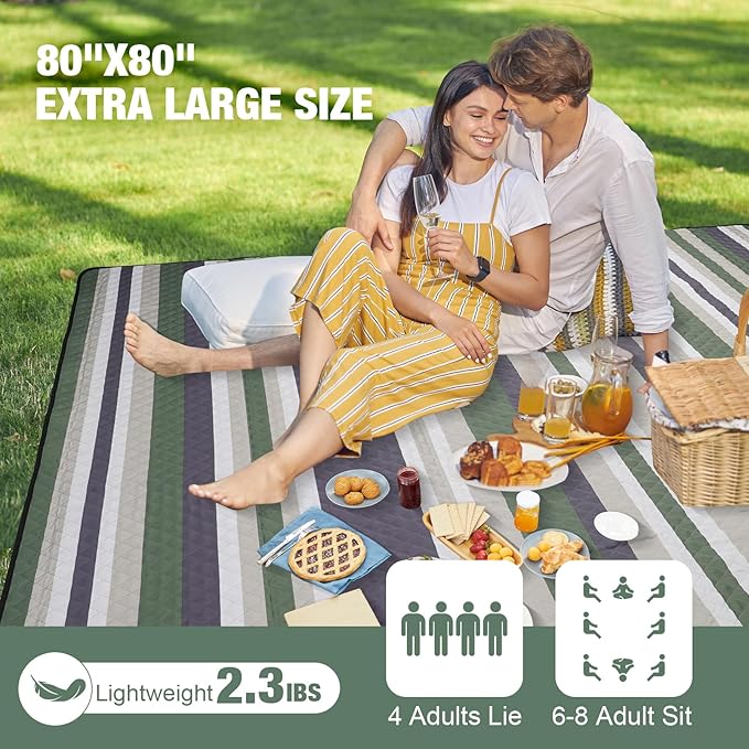 Picnic Blankets Outdoor Extra Large - 80"x80" Portable Waterproof Picnic Blanket, Machine Washable 3-Layer Foldable Picnic Mat with Sandproof Backing for Grass, Park, Hiking, Concerts (GreenStrip)