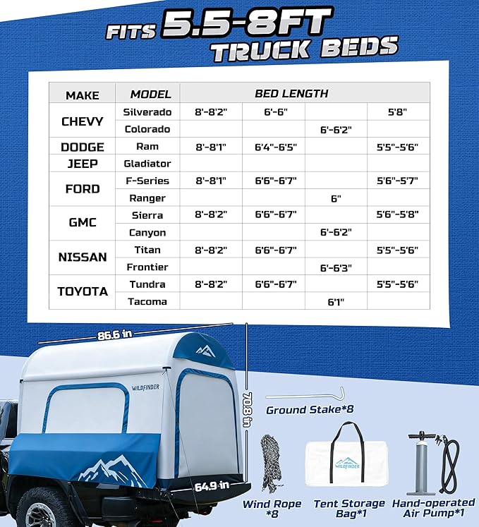 Inflatable Truck Bed Tent for Camping 5.5ft-8ft, PU 3000mm Waterproof Pickup Truck Tent with 4'' Thick TPU Air Beams, 2 Mins Fast Setup Portable Ground & Truck Tent for 2-3 Person