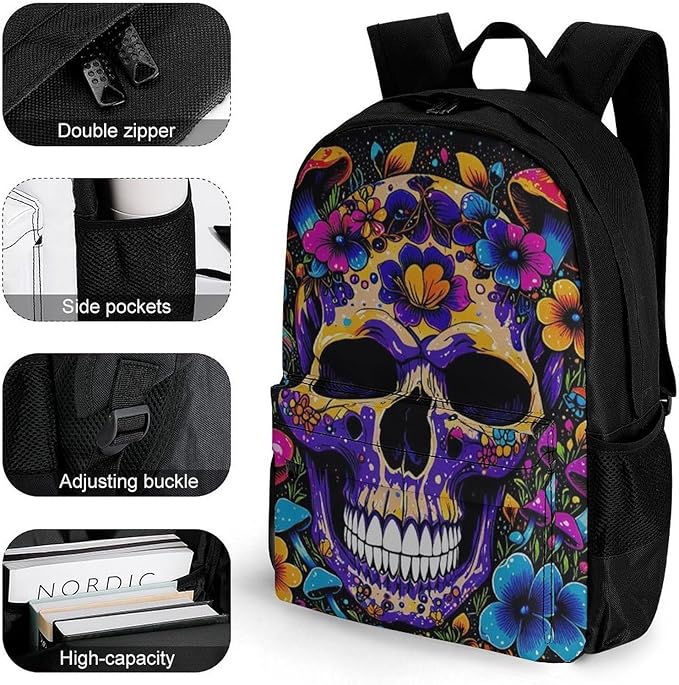 Men Women Lightweight Trippy Skull Head Mushroom Art Casual Daypack Big Capacity Bookbag With Padded Straps for Gym Travel Walking Cycling