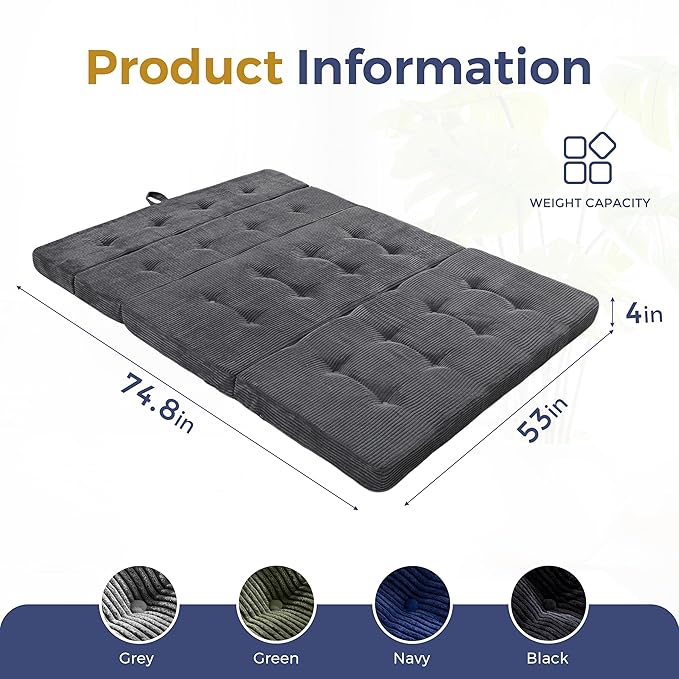 MAXYOYO Folding Mattress, 4 Inch Tufted Foldable Mattress Full Foam Bed, Tri-Fold Floor Couch with Handles Guest Bed Topper Portable Camping Mat with Corded Fabric, Full Size, Dark Grey