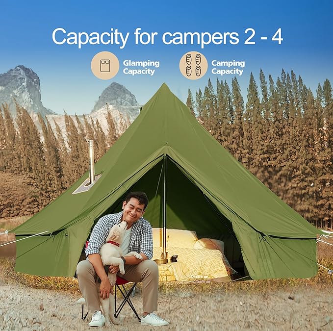 Cotton Canvas Bell Tent, Waterproof Large Tents with Sturdy Center & Door Pole and Space for 4/6/8 Person All 4 Season Camping Yurt Tent