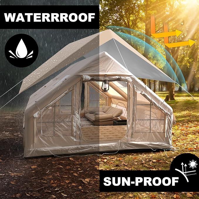 8/10/12 Person Large Inflatable Tents for Camping, 4 Season Blow Up Tents with Canopy/Rainfly, Luxury Inflatable Tent House with Stove Jack, Easy Setup Inflatable Camping Tent.
