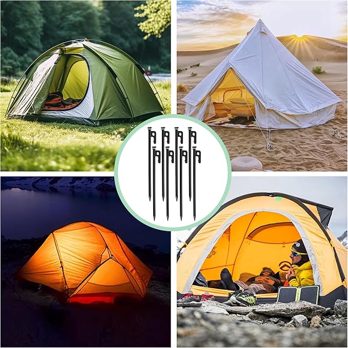 8 PCS Tent Stakes & Hammer Kit， Heavy Duty Metal Tent Pegs for Camping Steel Tent Stakes(Black)