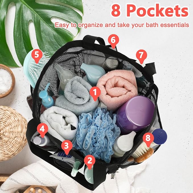 Mesh Shower Caddy Portable for College Dorm Room Essentials, 8-Pocket Large Shower Basket Tote Bag with 2 Handles for Toiletry, Bathroom, Beach, Camp, Gym