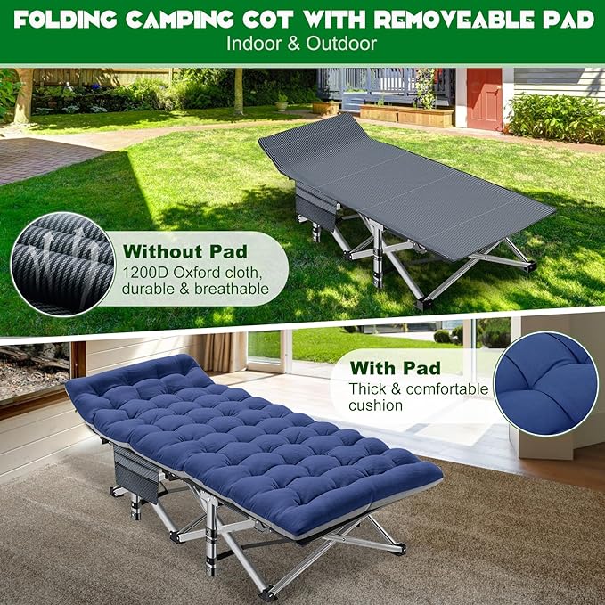 NAIZEA Folding Camping Cots for Adults, Portable Cot with Mattress Heavy Duty Outdoor Bed with Carry Bag 1200d Oxford Cloth Sleeping Cots for Camping Office Nap Home Guest Beach Travel