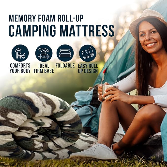 Foamma 3'' x 26'' x 64'' Memory Foam Camouflage Roll-Up Camping Mattress with Soft Fleece Zipper Cover, Foldable and Portable, RV Bunk, Tent, Guest Bed, Outdoor and Dorm, CertiPUR-US Certified Foam
