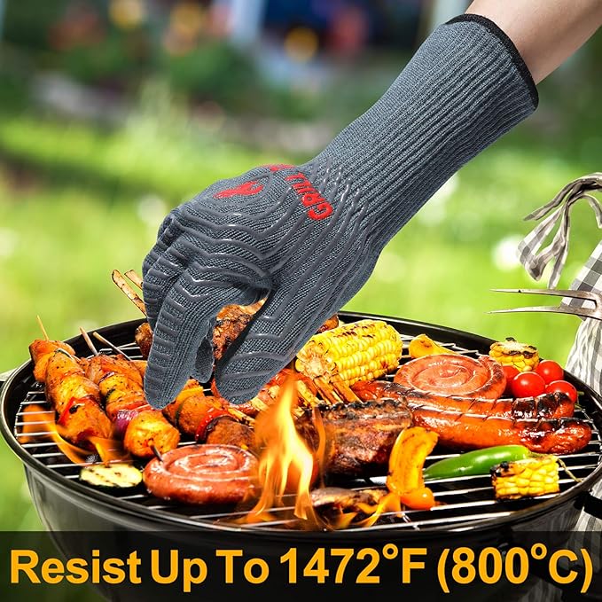 QUWIN BBQ Gloves, Oven Gloves 1472℉ Extreme Heat Resistant, Grilling Gloves Silicone Non-Slip Oven Mitts, Kitchen Gloves for BBQ, Grilling, Cooking, Baking-1 Pair… (Grey, One Size(Long Cuff))