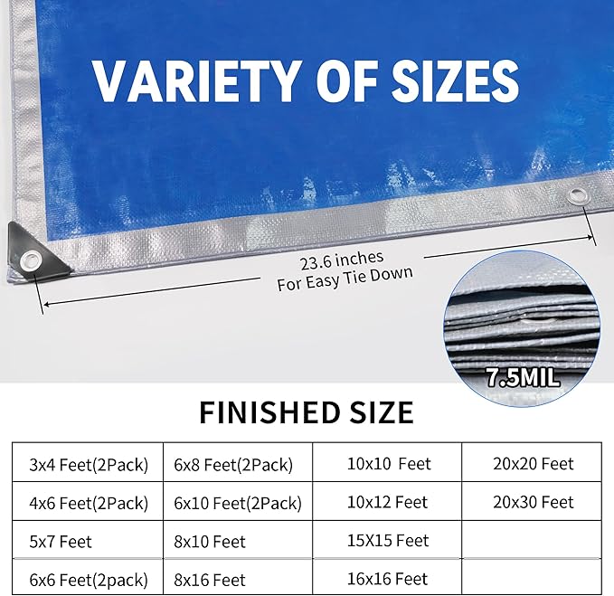 TARPAL Tarps 15x15 Feet Tarp Waterproof Large tarp 7.5mil Waterproof tarps,UV Protection,Rip and Tear Proof,Outdoor Tarp,Poly Tarpaulin(Silver/Blue)