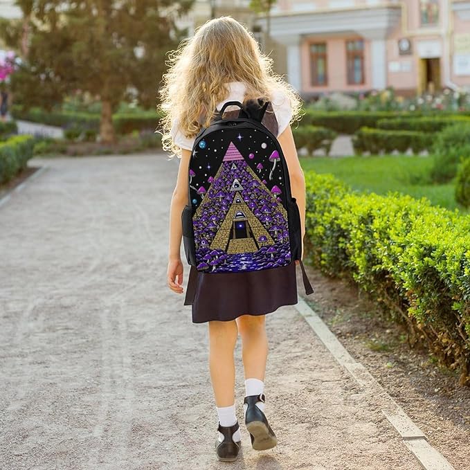 Men Women Polyester Trippy Magic Pyramid Mushrooms Universe Art Casual Daypack Large Capacity Carry On Bag With Adjustable Shoulder Straps for Camping Work Running