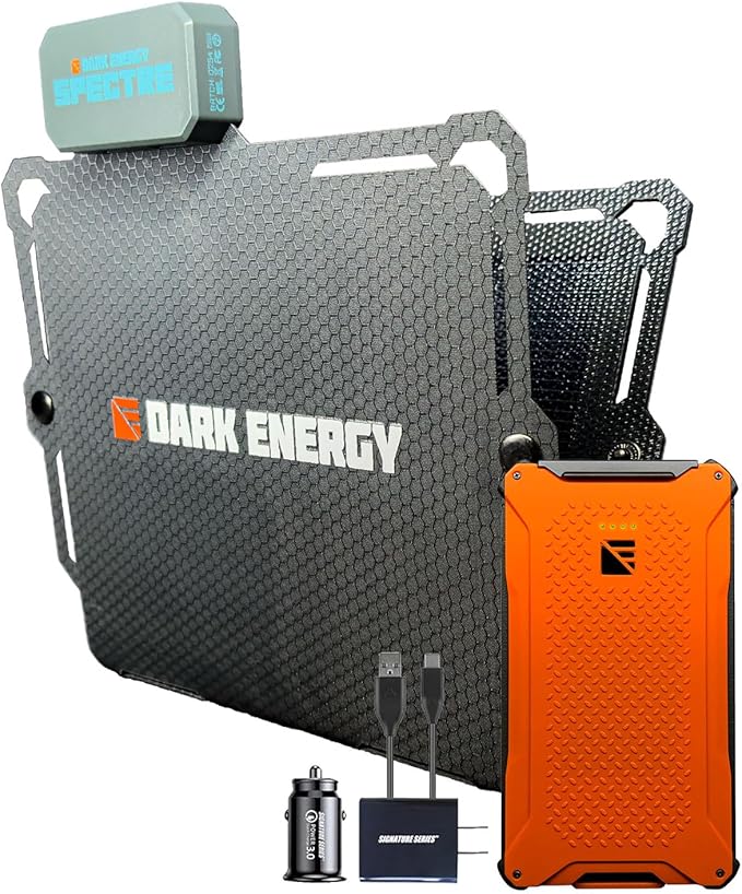 Dark Energy Poseidon Pro Indestructible Portable Charger with Spectre 8W Solar Panel | USB-A and USB-C, Ultra-Durable Armorflex, Ultra-Lite Flexible Panels | Signature Series Plugs, Hi-Vis Orange