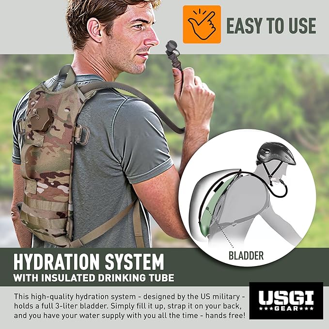 Multicam MOLLE Hydration Carrier – Holds 3-Liter Water Bladder – Tactical Military Backpack for Hiking, Biking, Camping, and Outdoor Use