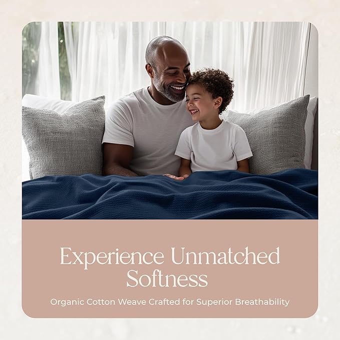 100% Organic Cotton Blanket - GOTS & Fairtrade Certified Organic Cotton Throw Blanket for Bed with Soft Warm & Breathable Single Knit Weave - Great as Bedspread or Coverlet (Navy, King/Cal King)