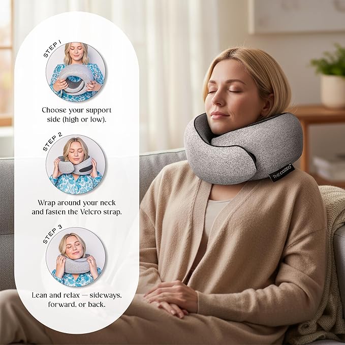The Cozeo™ Travel Neck Pillow, 100% Pure Memory Foam Airplane Neck Pillow with Eye Mask & Earplug, Ideal for Long Flight, Car Road Trip Essentials & Sleeping | Comfortable & Suitable for Adults & Kids
