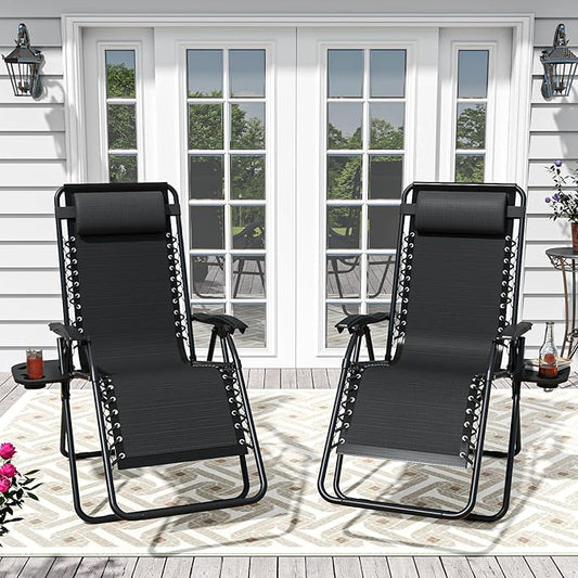 Set of 2 Adjustable Zero Gravity Lounge Chairs Outdoor Recliner w/Cup Holder Tray & Removable Pillows, Ergonomic Reclining Chair for Camping Patio Lawn Balcony (Black)
