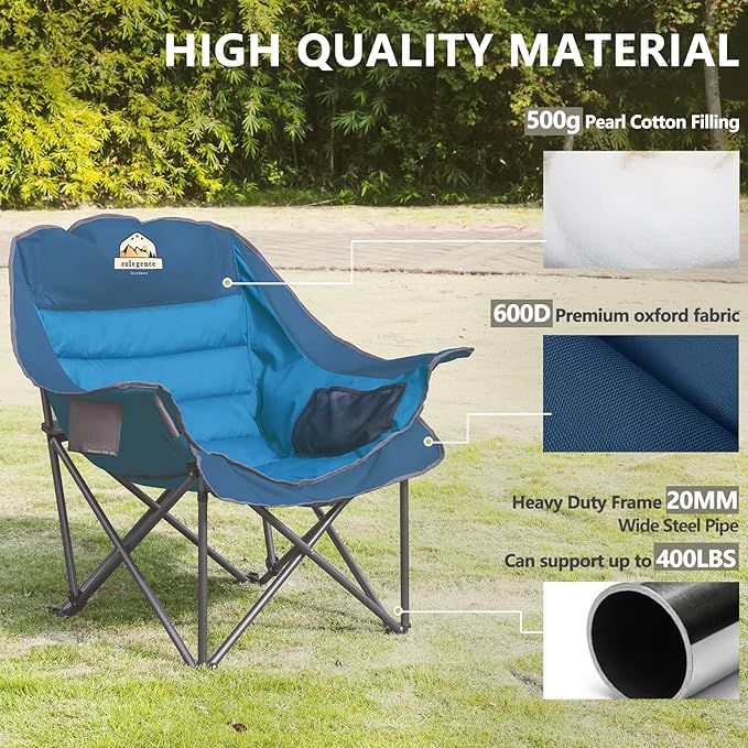 Oversized XL Padded Camping Chair Wide Heavy Duty Lawn Chairs Support 450 LBS Portable Folding Gaint Plus Camp Chair with Side Pocket Cup Holder for Outdoor Outside Sports Baseball-Blue