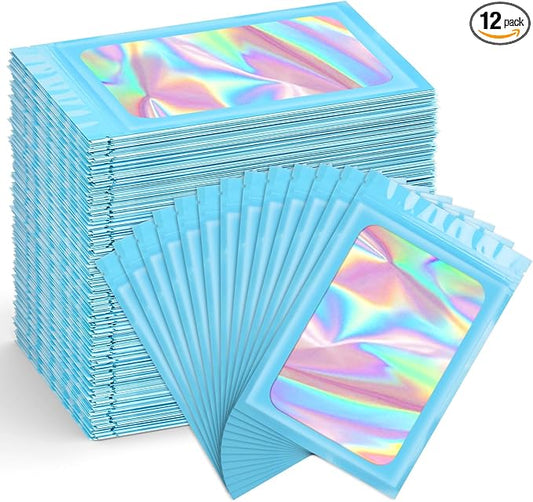 Funfery 300 Pack Smell Proof Resealable Bags for Food Storage,Holographic Bags 4x6 Blue Mylar Clear Packaging Bag- Scent Proof for Cookies, Zip Foil Pouch for Small Business
