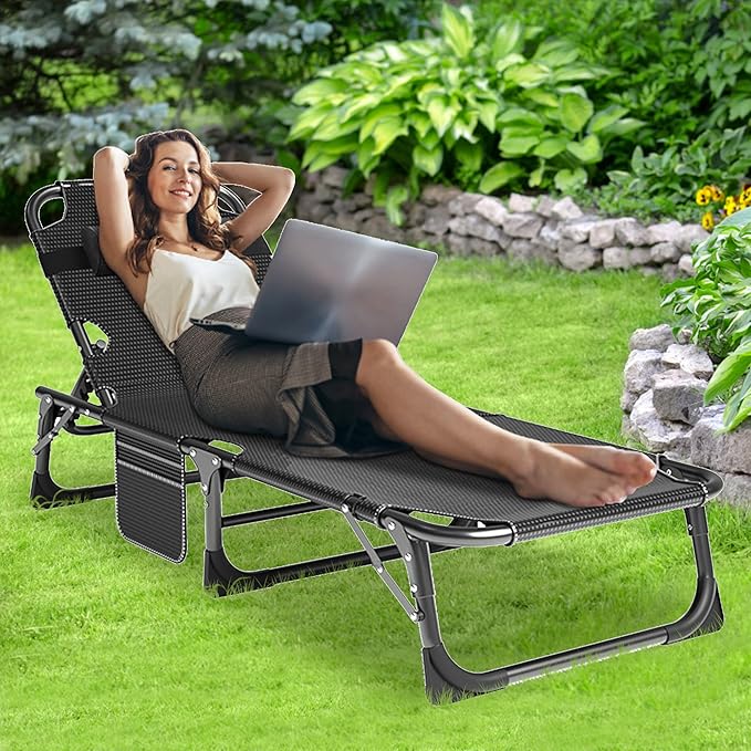 ABORON 3-in-1 Folding Patio Lounge Chair, 440LB Heavy-Duty Tri-Fold Guest Bed with Plush Cotton Cushion, No Assembly Adjustable Recliner for Office Nap, Patio Sunbathing, Poolside & Camping