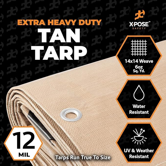 Heavy Duty Tan Poly Tarp 10' X 12' (2-Pack) - Multipurpose Protective Cover - Durable, Waterproof, Weather Proof, Rip and Tear Resistant - Extra Thick 12 Mil Polyethylene - by Xpose Safety