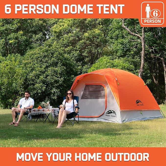 Happy Travel Camping Tent, 4/6 Person Dome Tents for Camping with Rainfly, Waterproof Clip Easy Setup Portable Family Tent with Mesh Windows, 20% More Headroom Backpacking Tents for Camping & Hiking