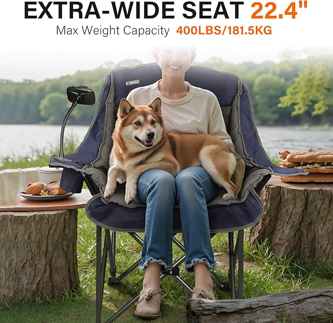 Camping Chairs for Adults-Oversized Extra Large Lawn Chair,Folding Comfy Padded Chair w/Phone Holder,Side Pocket,Cup Holder for Outdoor,Wide&Thick,Heavy Duty 400Lbs,Blue