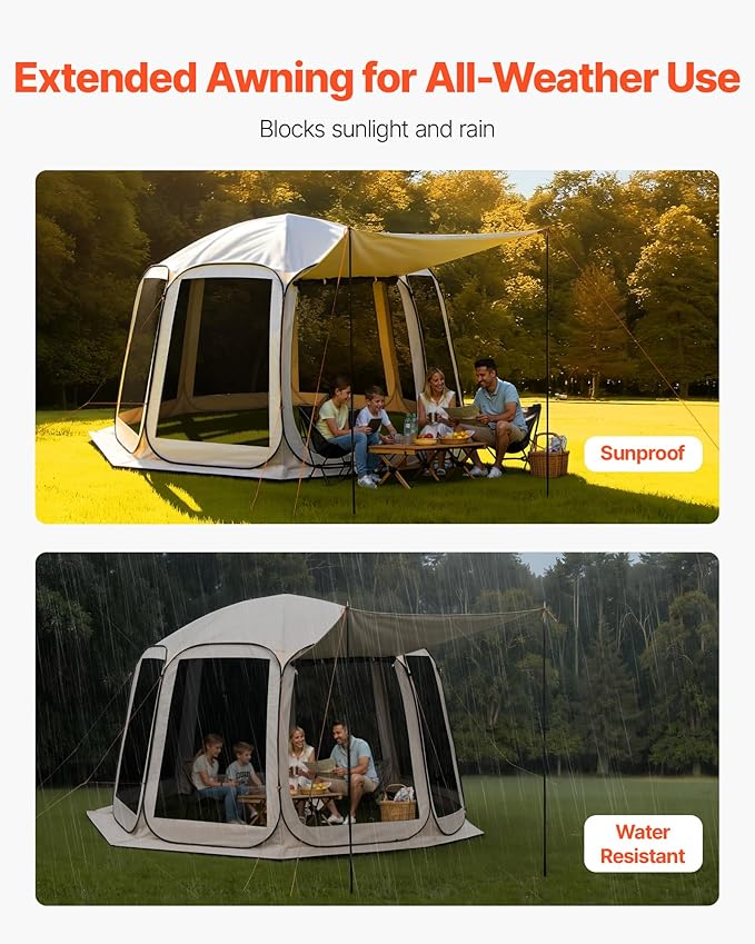 VEVOR Pop up Screen House Tent, 12 x 11 ft, 10-12 Person Screen Gazebo with Extended Awning, Portable Screened in Canopy with Carry Bag, Netting Sides, for Patio, Backyard, and Outdoor Activities